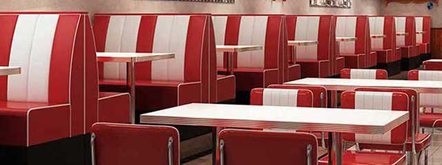 Customize american 50's style red and white retro 2 seater hollywood restaurant table and booth set