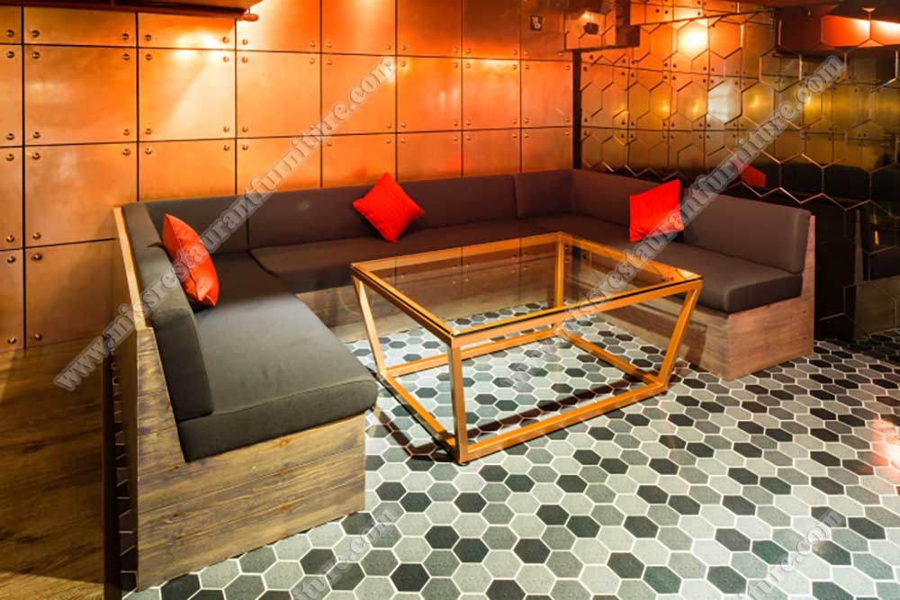 Dubai Hangout restaurant furniture_glass coffee table and U shape wood dining booth seating