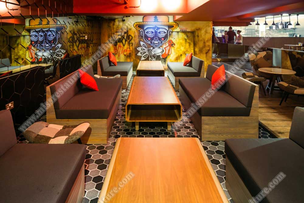 Dubai Hangout restaurant furniture_plywood coffee table and wood booth seating set