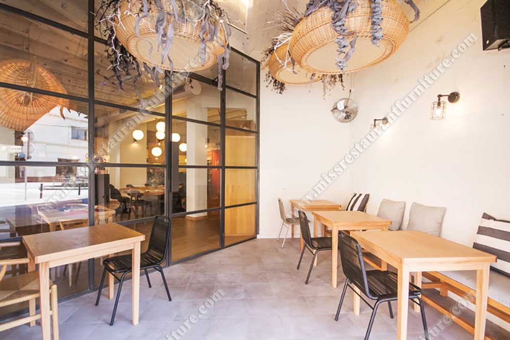 Japan Feten sushi restaurant furniture_wood dining table and Y chairs, metal outdoor chairs