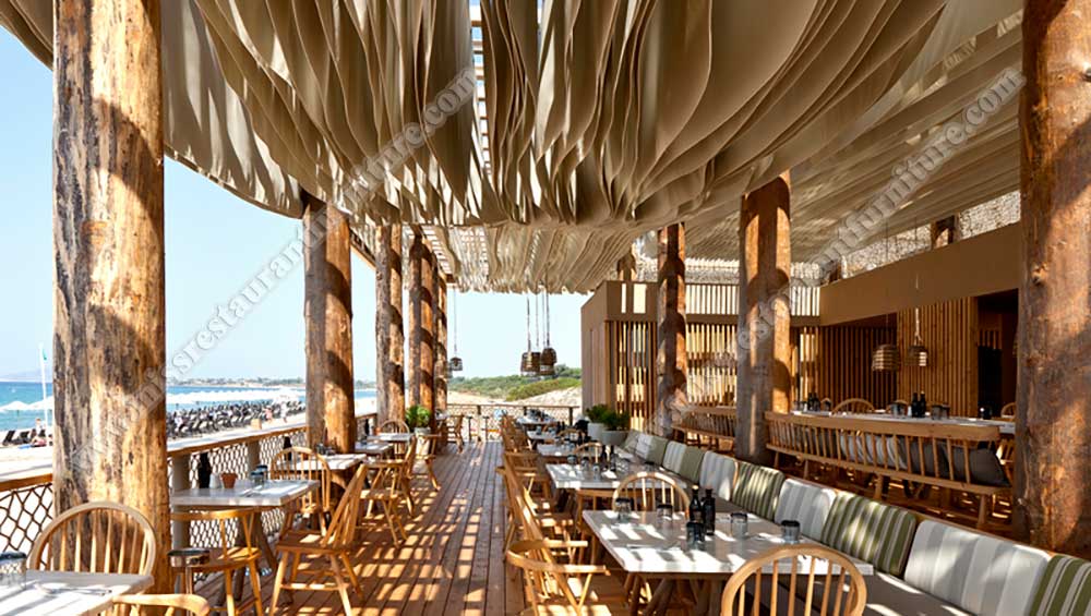 Australia Beach outdoor bar furniture_white marble outdoor table and wood round windsor chairs, long wood bench