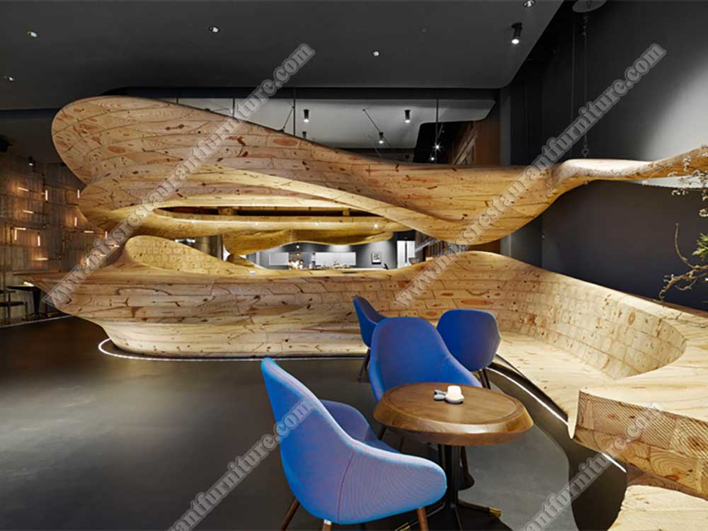 China Taipei RAW restaurant furniture_round wood dining table and vinyl coffee sofa chairs