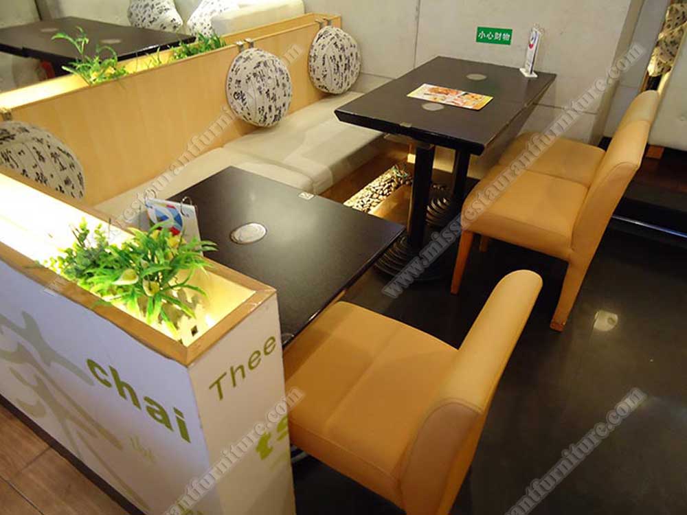 China Shenzhen RBT coffee room furniture_wood coffee table and leather dining chairs, plywood booth seating