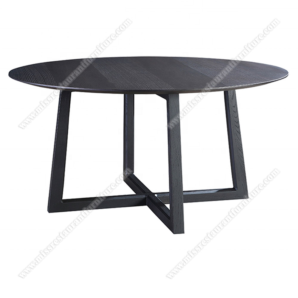 Customize black coating 6 seat round oak wooden cafe tables round oak cafe room dining tables with wood cross base, wood restaurant tables 1024