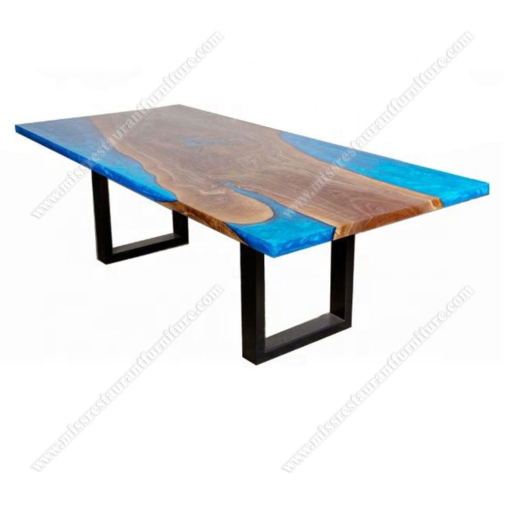 Luxury coffee/office solid wood island design dining tables customize 1.5 meter rectangle blue resin epoxy tables, wood restaurant tables 1040