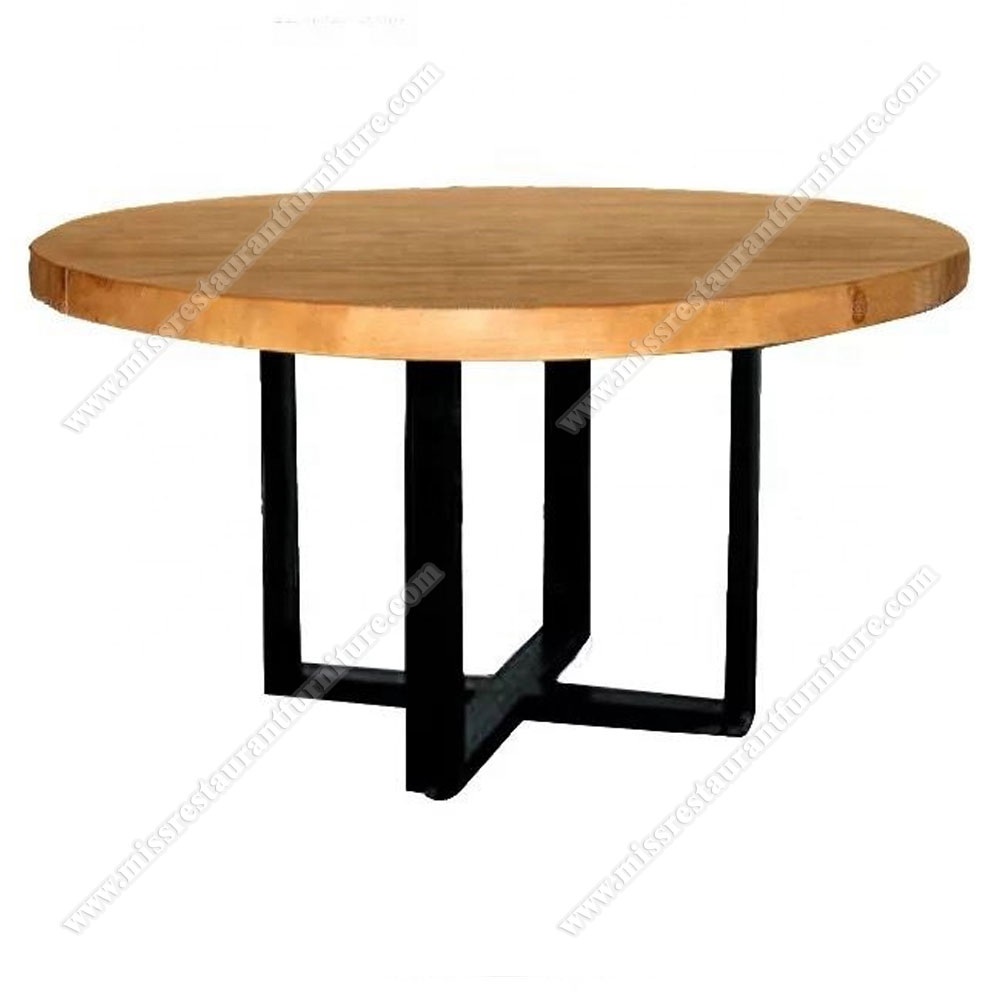 Modern industrial designs ashtree wooden round dining tables restaurant solid wood table top with iron table base, wood restaurant tables 1101