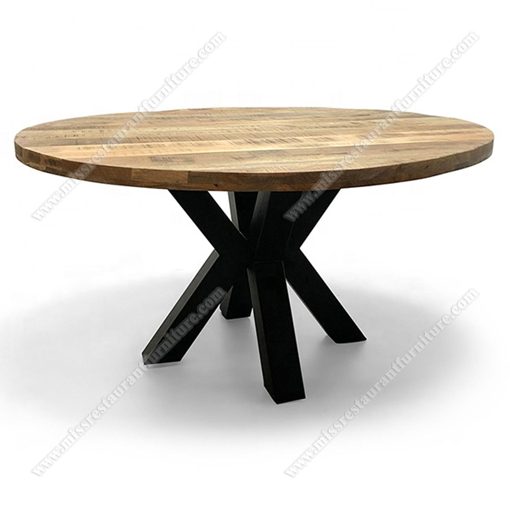 Distro/coffee room 4cm thick rustic solid wood round dining tables top with cross cast iron table base, wood restaurant tables 1104