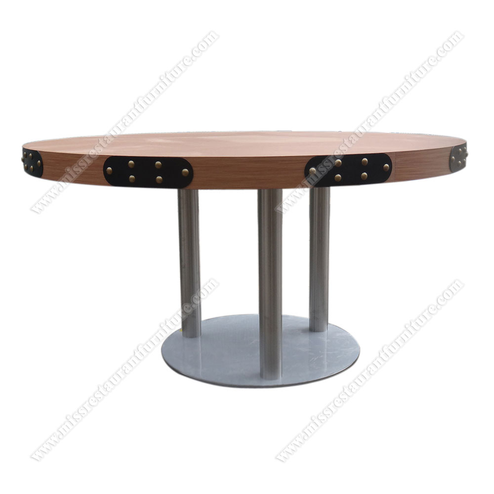 Wholesale customize 8 seater round wooden/MDF antique restaurant table base with steel table base, wood restaurant tables 1105