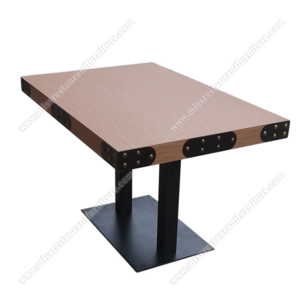 Hotsale rectangle 6 seater restaurant MDF with laminate classic dining tables top with iron table base, wood restaurant tables 1106