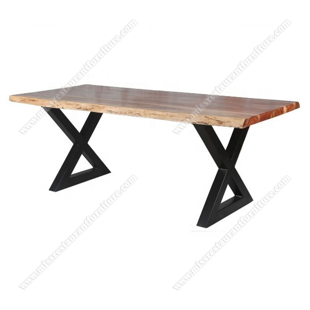 Modern design long solid rubber wooden industrial dining tables top with cross iron table legs for office/bistro, wood restaurant tables 1116