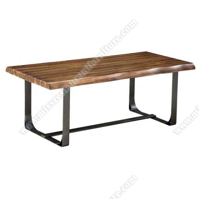 Durable multifunction walnut color rectangle solid wood diner tables top and U shape iron base for office/bar/diner, wood restaurant tables 1117