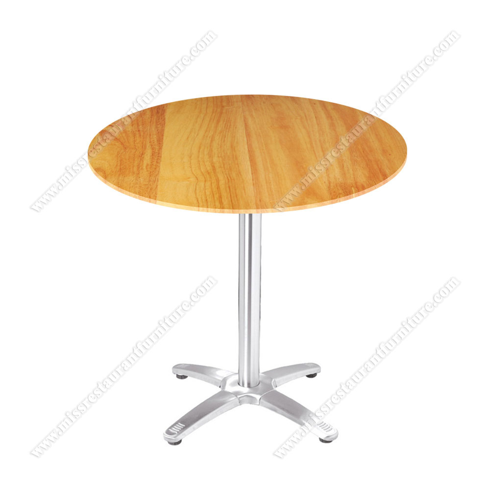 Wholesale fast food/coffee shop round 2 seater wooden restaurant tables top with steel cross table base, wood restaurant tables 1204