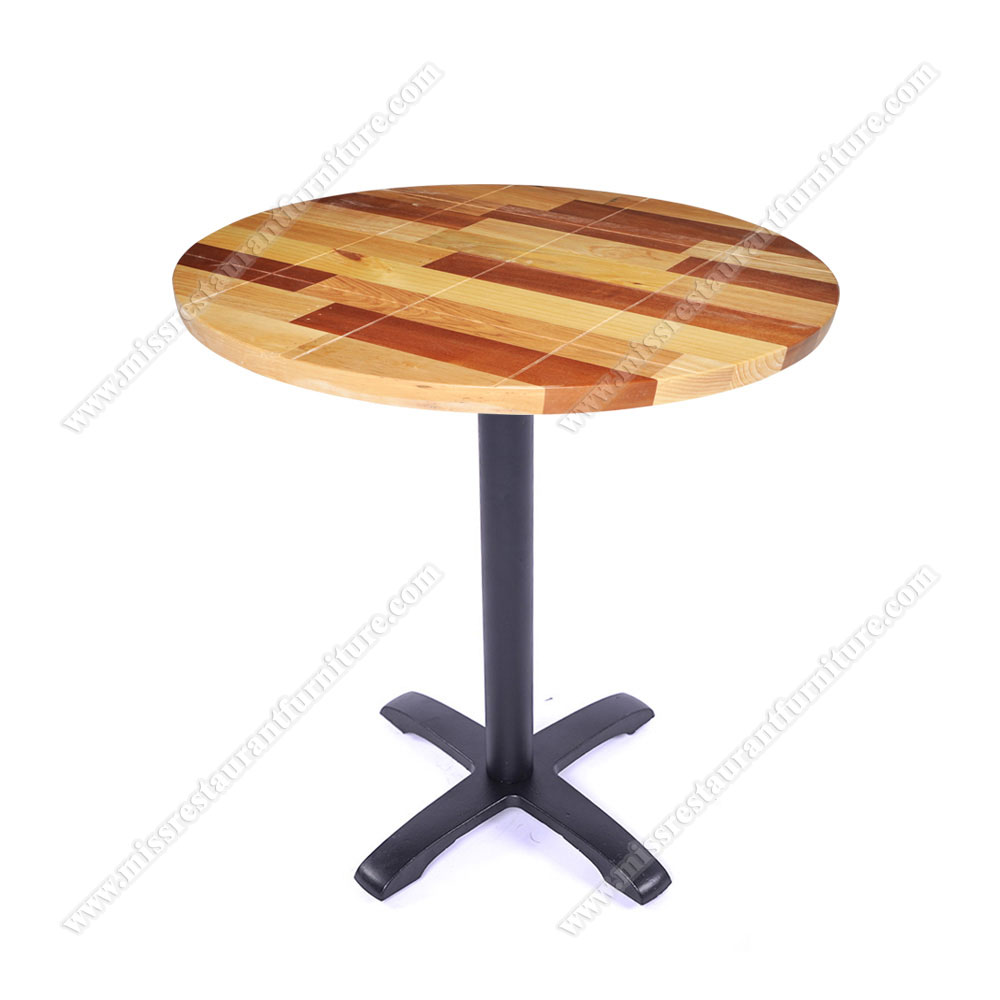 Modern design 60/70/80 splice plate wooden round cafe tables top with iron cross table base, wood restaurant tables 1205