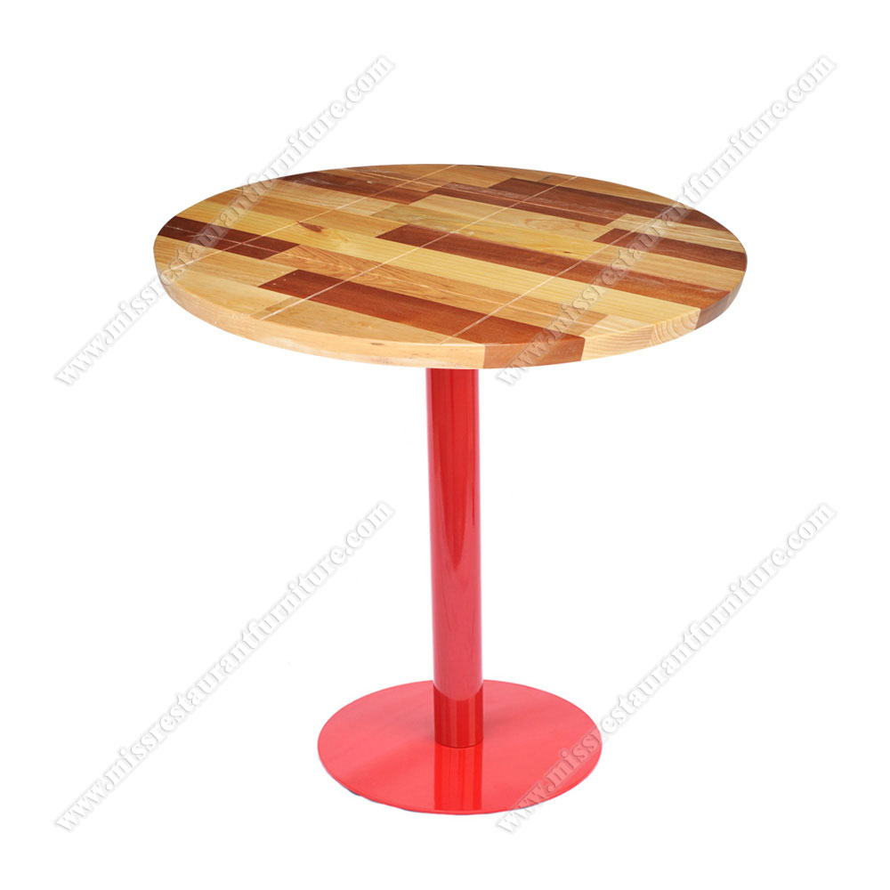 Art round design splice plate solid wood dining table/modern cafe tables top with red color round table base, wood restaurant tables 1206