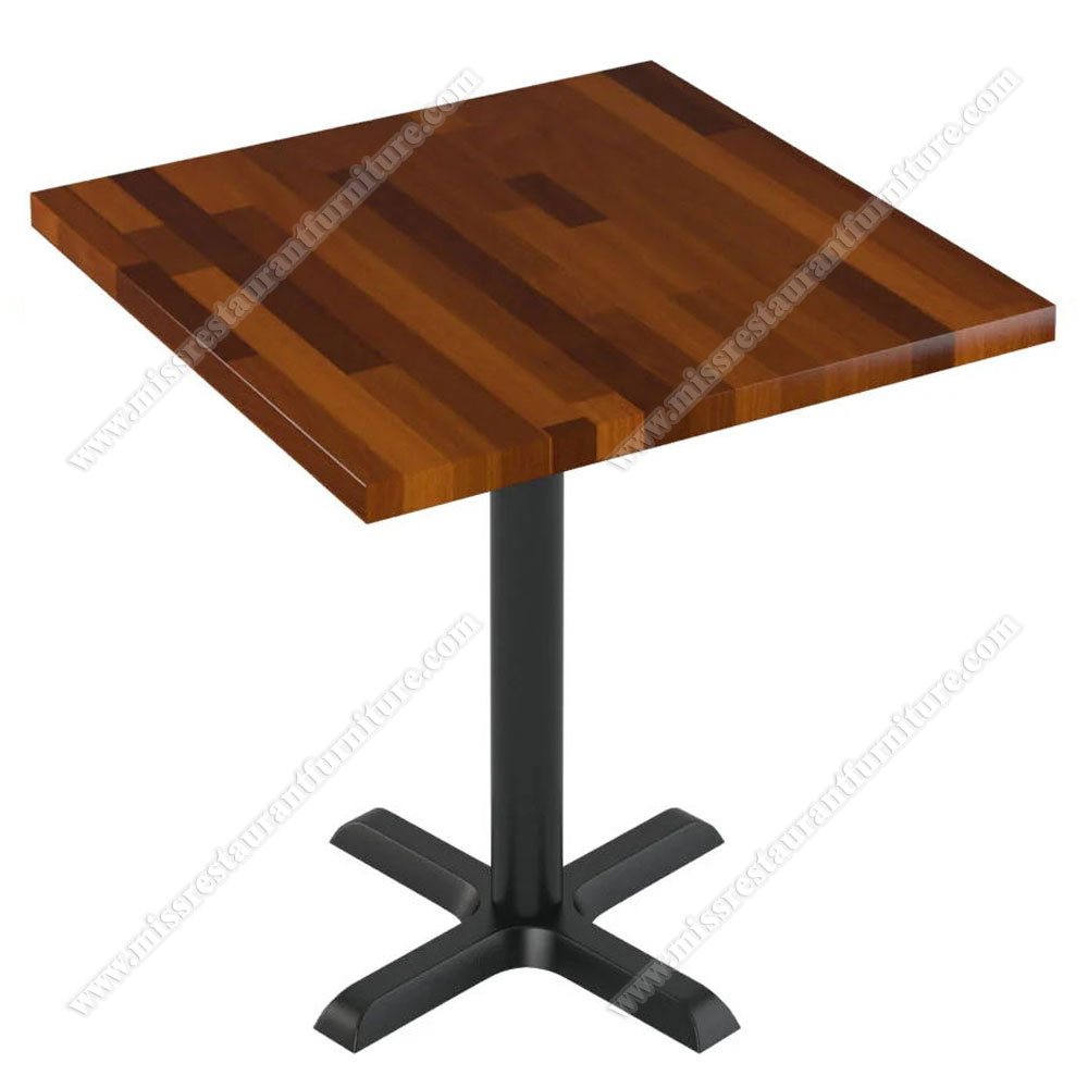 Dark walnut color square 2 seater splice plate wood restaurant dining tables top with cross  iron table base, wood restaurant tables 1213