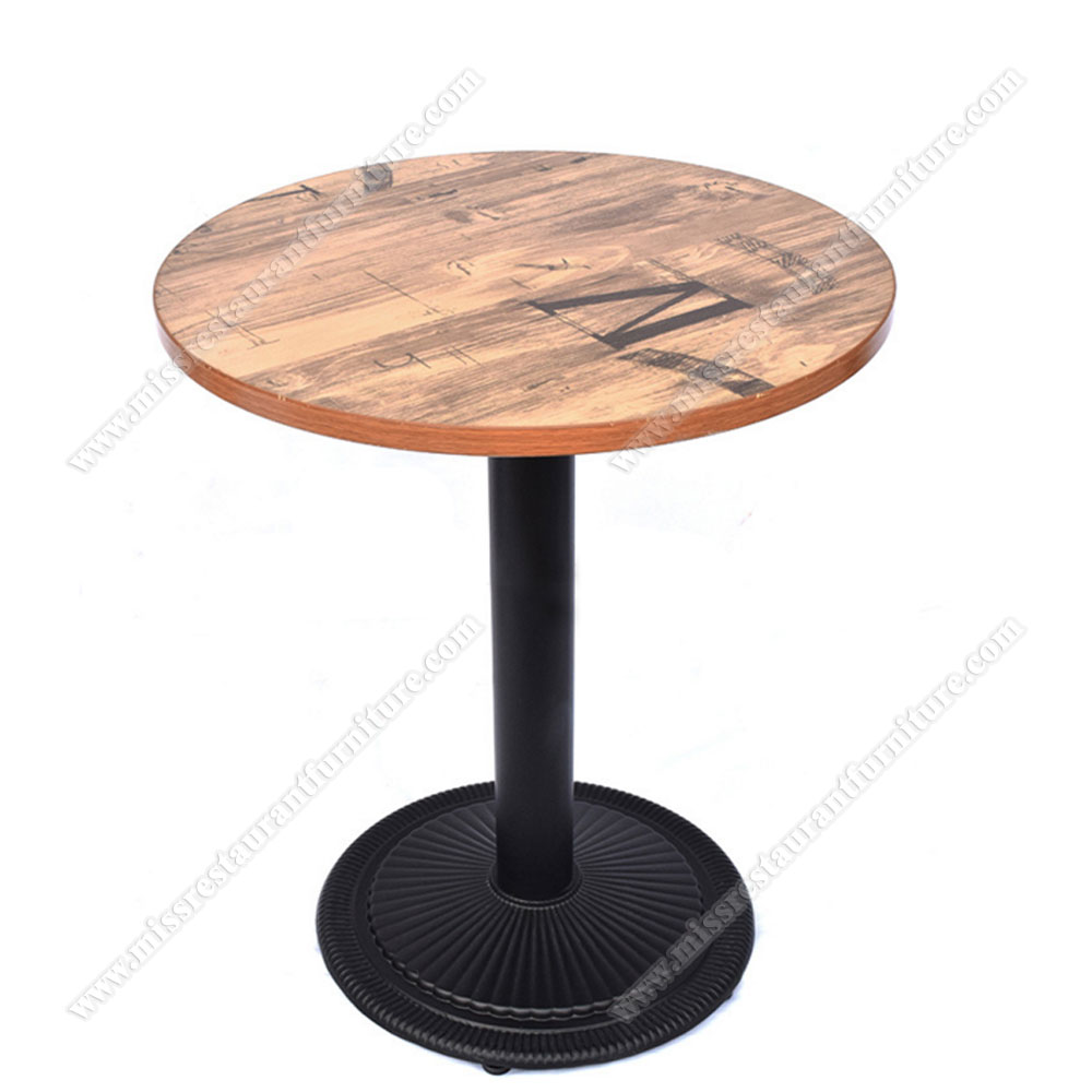 Classical round plywood with laminate 60/70cm cafe tables top and round chrysanthemum iron table base, wood restaurant tables 1223