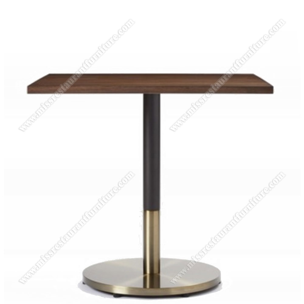 Modern design round copper table base and square solid wooden dark walnut 2 seater bistro tables, wood restaurant tables 1229