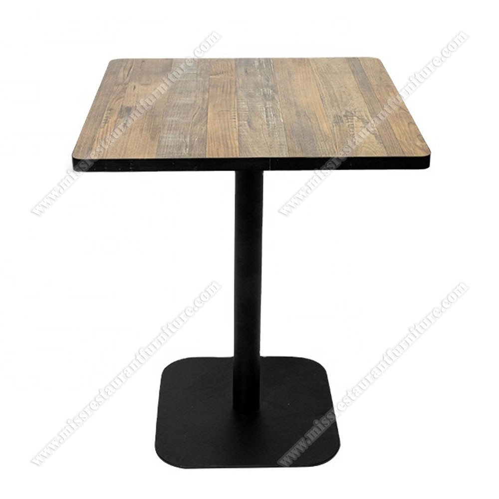 Factory price small square dining room fireproof plywood/MDF retro dining tables with square iron table base, wood restaurant tables 1231