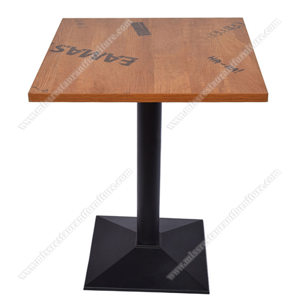 Wholesale square 2 seater laminate fast food dining tables with trapezoid cast iron table base, wood restaurant tables 1235