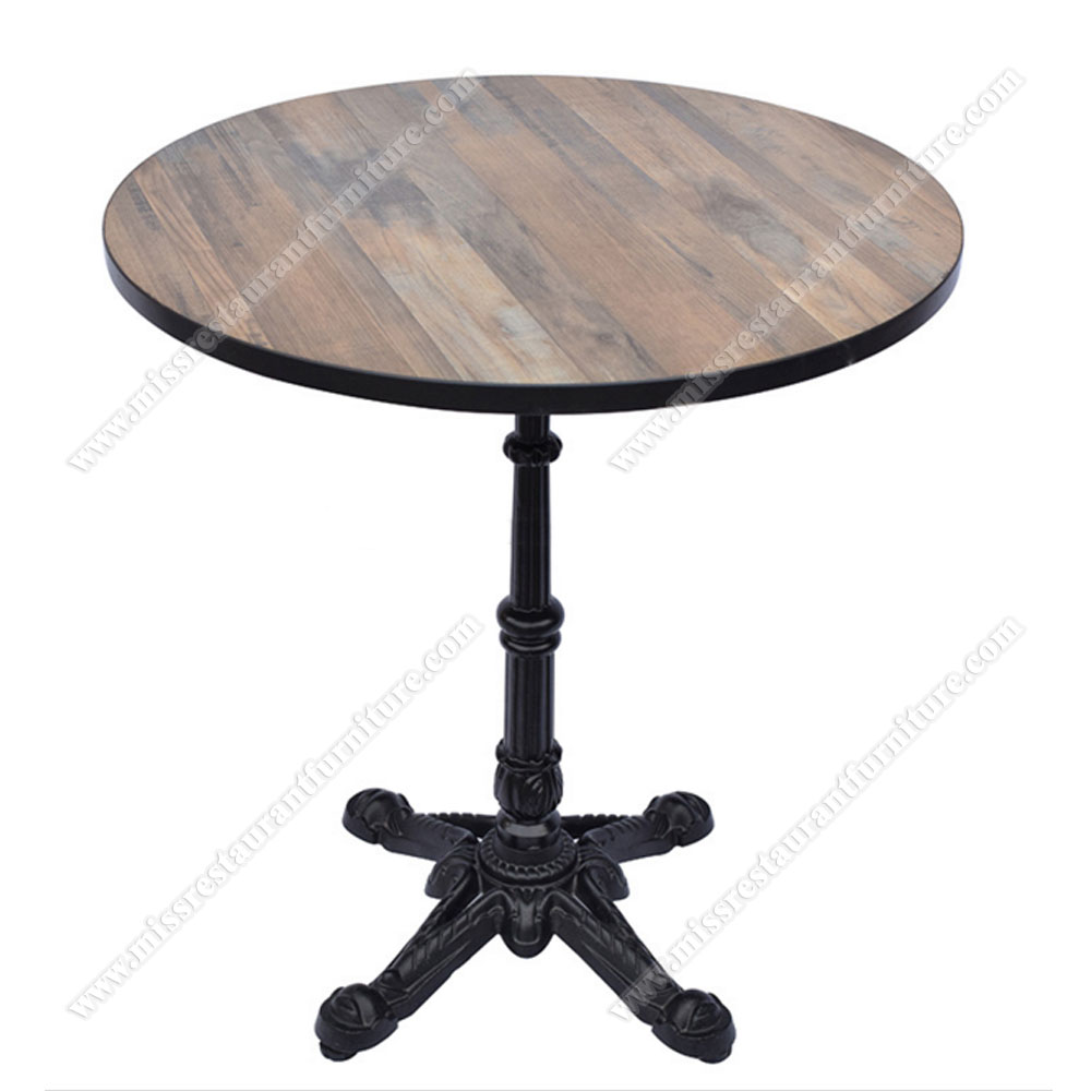 Plywood with laminate walnut color antique round cafe room dining tables top with retro cast iron table legs, wood restaurant tables 1237