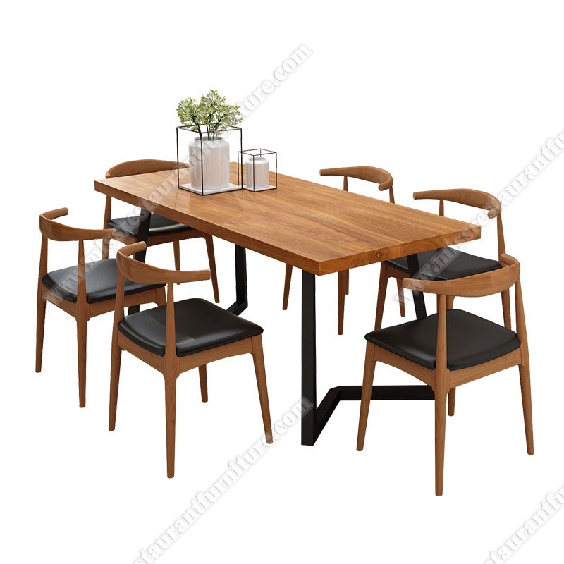 High quality 4 seater solid wooden dining table and chairs set, restaurant wood ox horn dining chairs and table set, wood restaurant table and chairs 3001