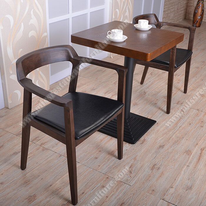 Nordic style dark staining beech wood restaurant chairs and table set, 3 pieces wood dining arm chairs with square table set, solid wood restaurant table and chairs 3009