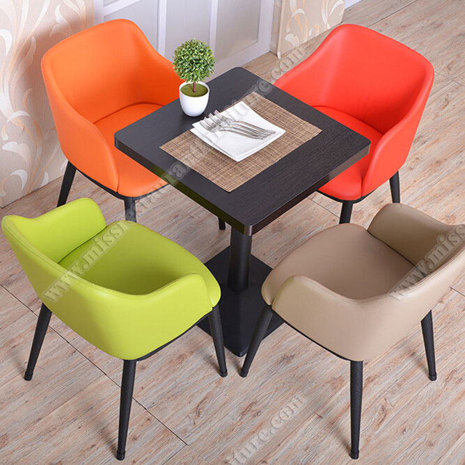 Fast food square wood table and leather upholstered chairs set, simple design colourful leather dining chairs and square table set, solid wood restaurant table and chairs 3013