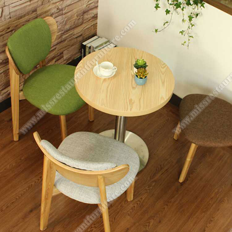 Restaurant modern commercial use wooden cafeteria wood table 4 persons chairs set, round fabric back cafe chairs and round dining table, solid wood restaurant table and chairs 3015