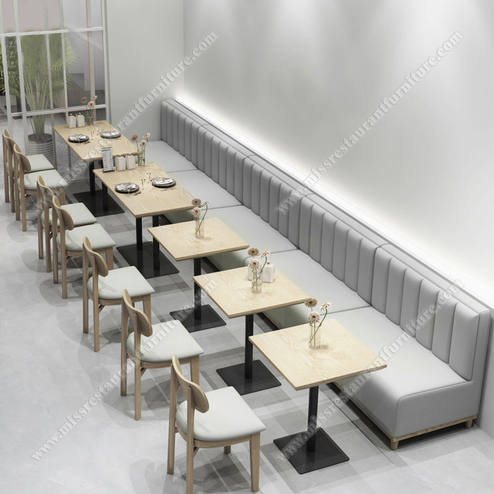 Modern wood restaurant table and stripe back long booth seating set, simple wood dining table and leather booth sofas set, wood restaurant table and booths 3301