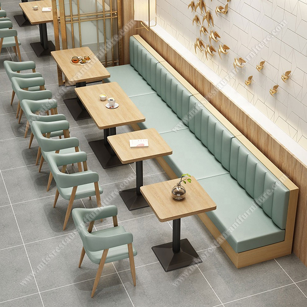 Simple design square ash wood restaurant table and stripe back leather booths, wood dining table and plywood long booth seating set, wood restaurant table and booths 3302