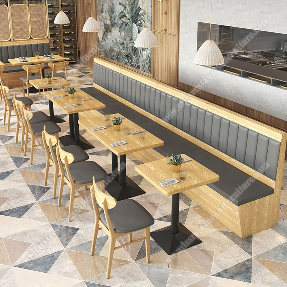 Classic natural color wood restaurant table and plywood booth seating, black color leather stripe back booth sofas and wood dining table set, wood restaurant table and booths 3303