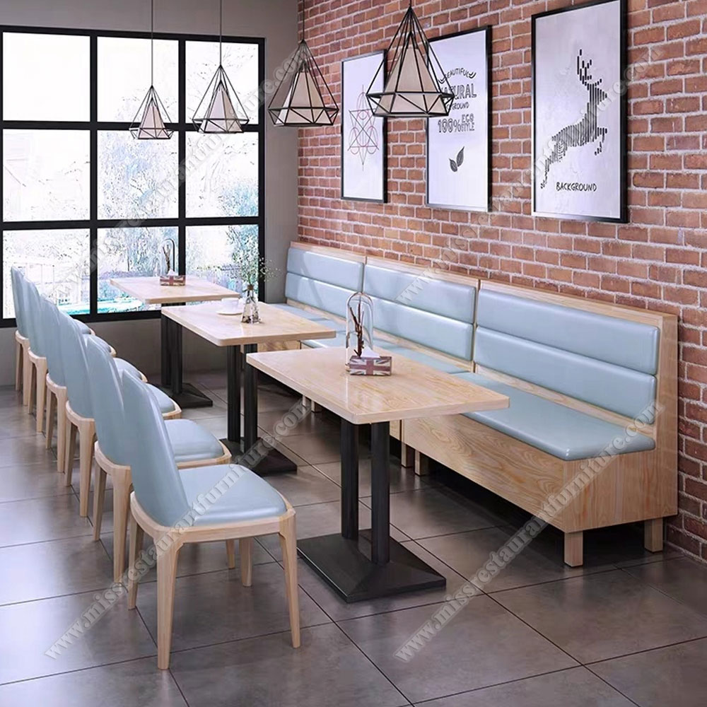 High quality 4 seat ash wood cafe tables and booth seating set, cafe room leather booth seats and wood dining table set, wood restaurant table and booths 3306