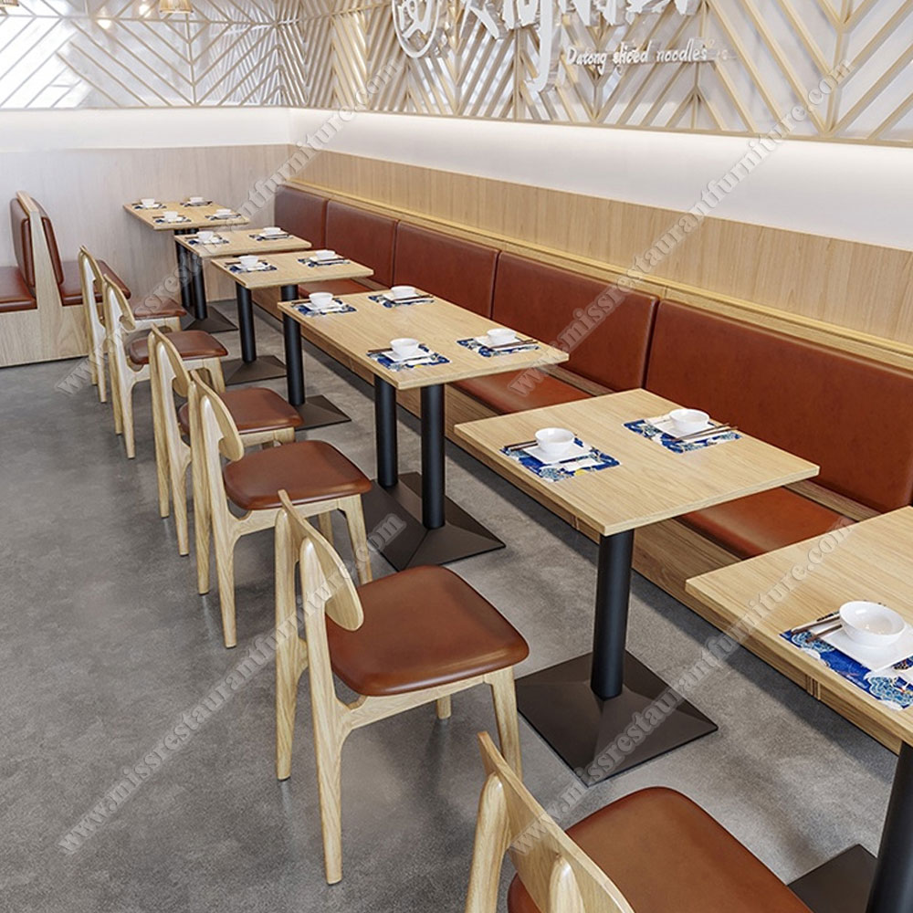 Customize cafe room birch wood dining table and booth seating set, cafe wood table and leather booth sofas set, wood restaurant table and booths 3307