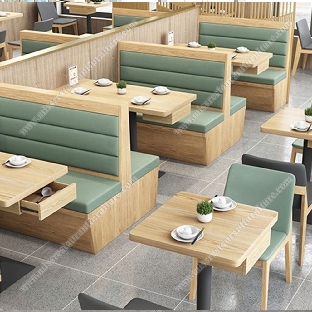 Modern design ash wood dining table and double side booth seats set, customize wood restaurant table and vinyl booths set, wood restaurant table and booths 3310