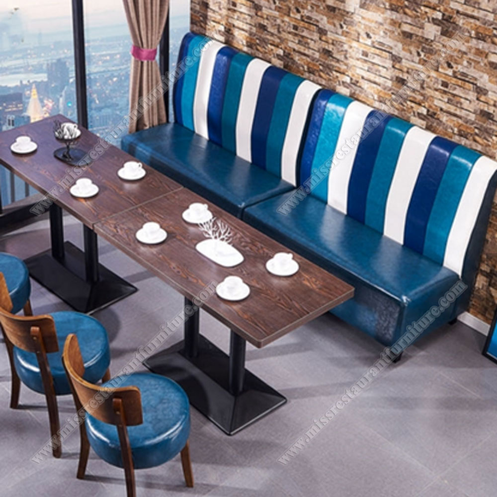 Antique restaurant stripe back leather booth seating and table set, black color restaurant wood table and blue stripe back leather booths set, wood restaurant table and booths 3311