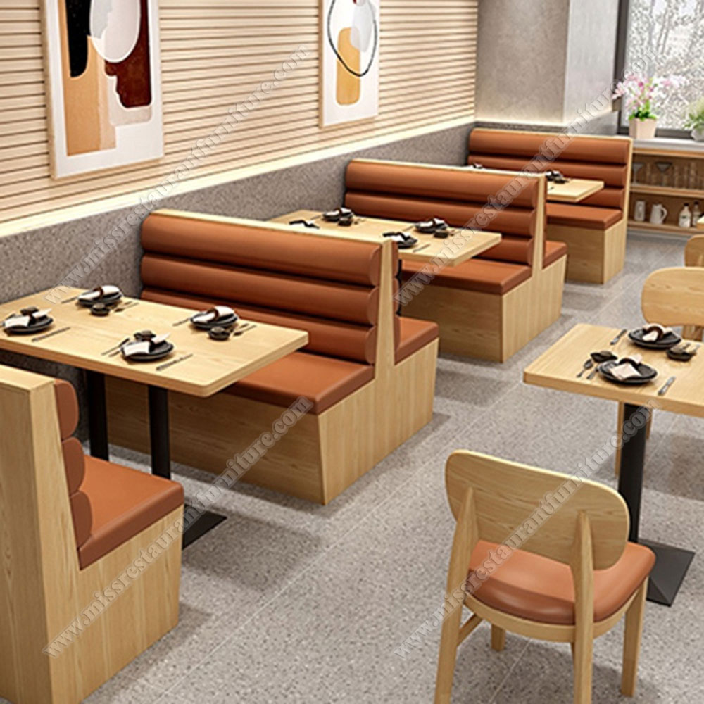 Doubleside 4 seat soft dining room leather booth sofas and table set, beige color leather double booth seats and dining table, wood restaurant table and booths 3312