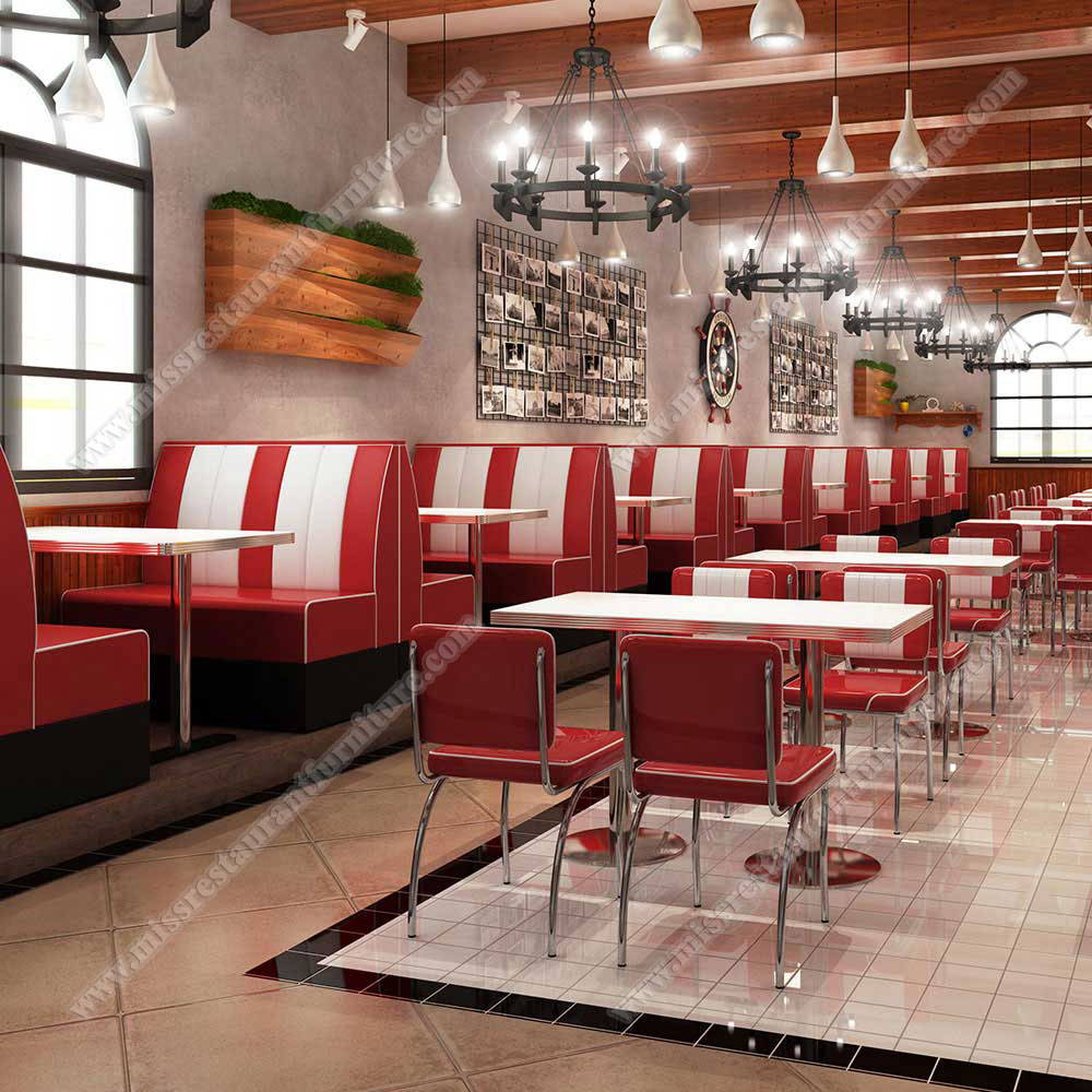 Customize american 50's style red and white retro 2 seater hollywood restaurant table and booth set, restaurant table and booths 3318