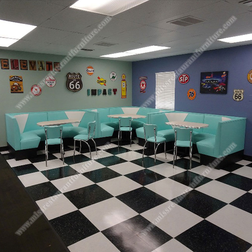 Midcentury style retro diner V-shape leather booth seating and plywood formica table set used for diner, restaurant table and booths 3319