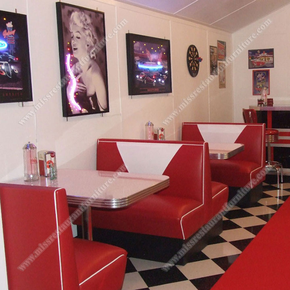 Classic 1950s diner retro red and white booth seats table set furniture for american retro diner, restaurant table and booths 3320