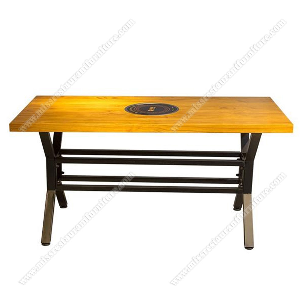 Hot pot table OEM commercial restaurant hot pot bbq grill table for bbq grills wooden restaurant hot pot table with iron legs, wood hot pot tables furniture 4002