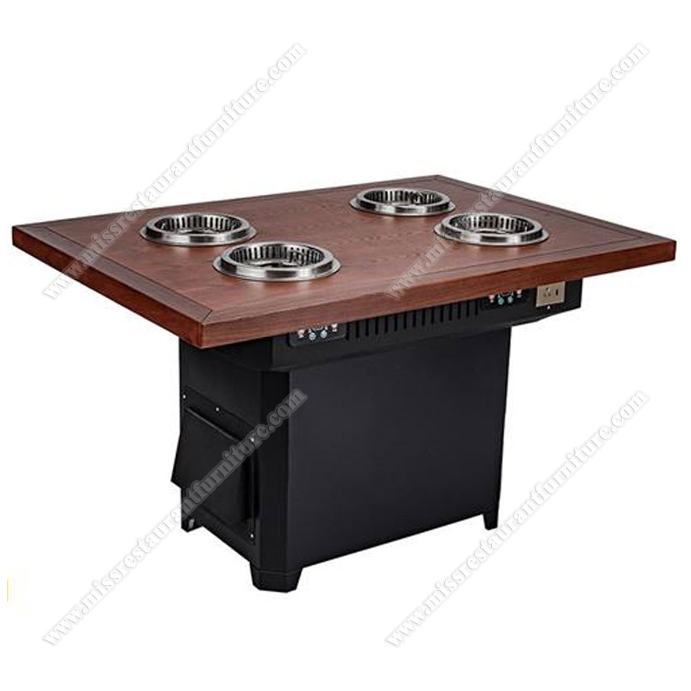 Hot pot table five star hotel smokeless oak wooden korean bbq grill table with four small hotpots restaurant wooden dining tables, wood hot pot tables furniture 4004