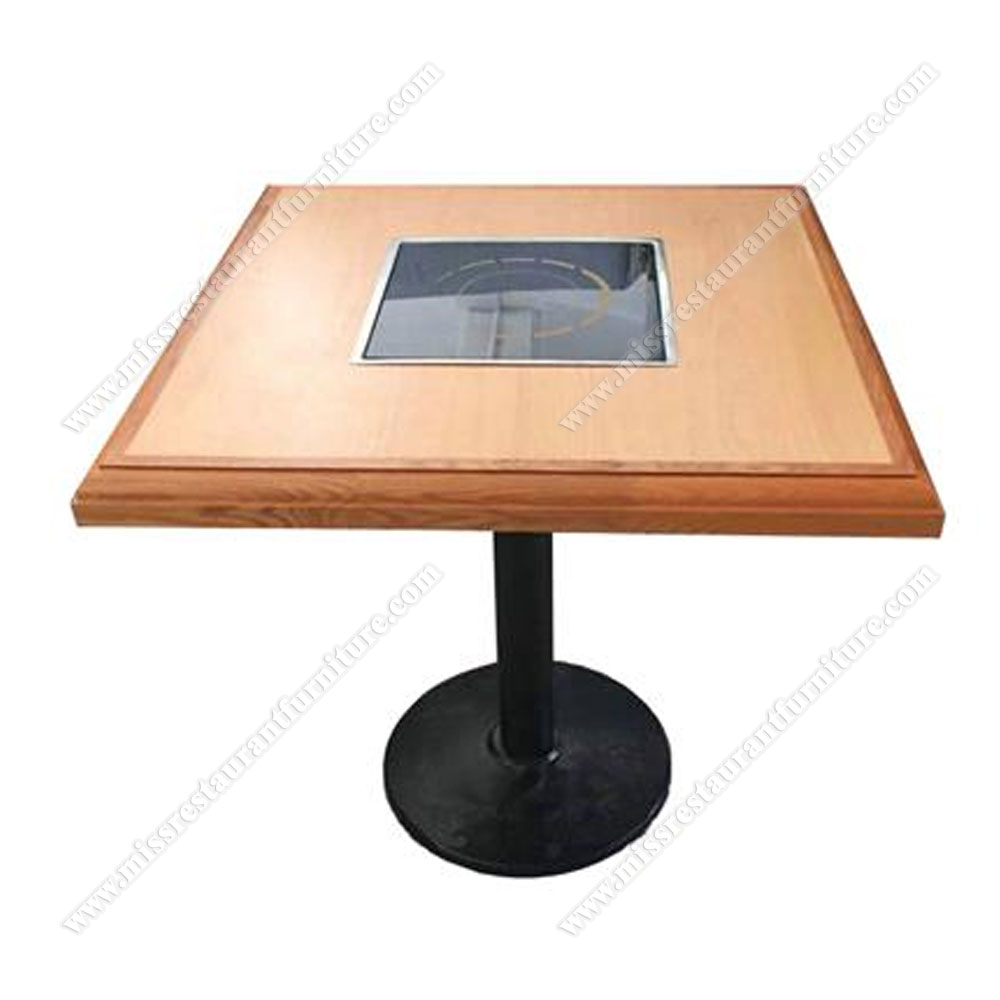 Hot pot table iron base wooden tabletop smokeless hot pot quality 4 seat restaurant wooden diner induction cooker dining table, wood hot pot tables furniture 4009