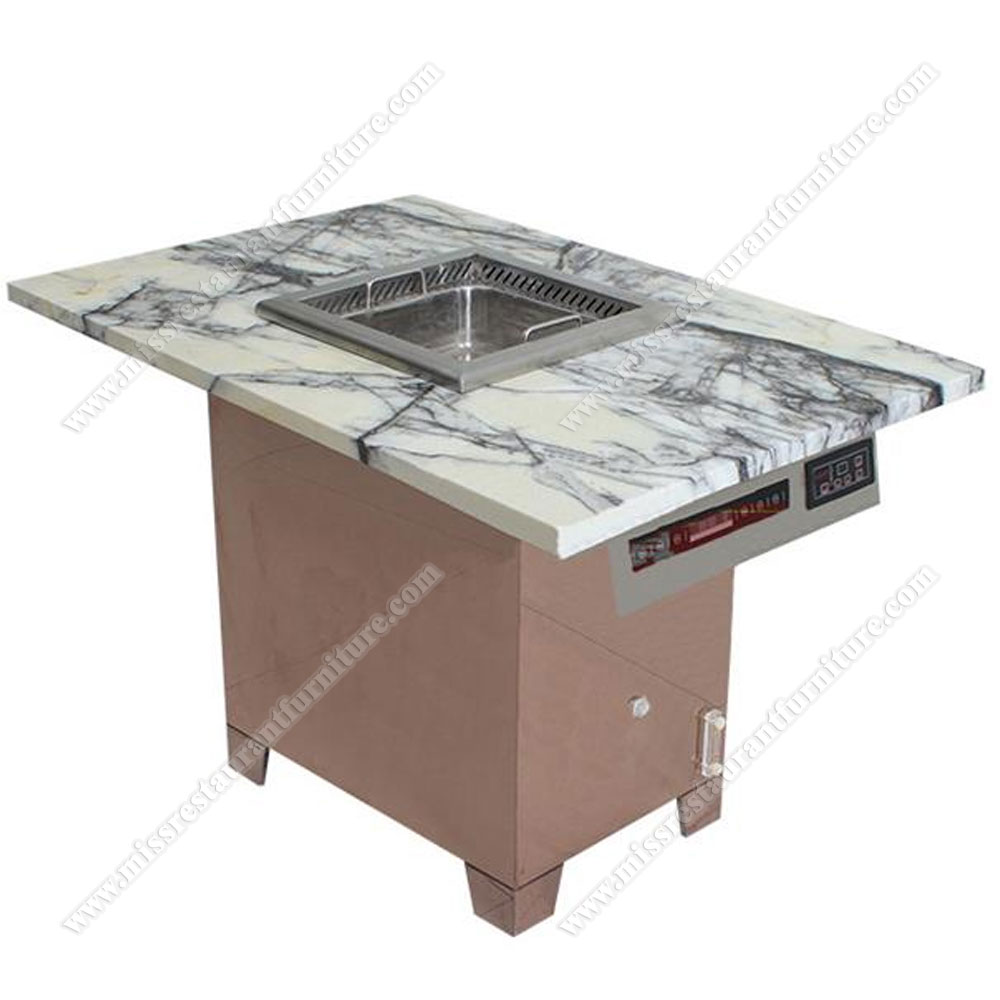 High quality modern marble smokeless Korean bbq tables for restaurant dining marble hot pot table with steel table legs, marble bbq tables furniture 4209