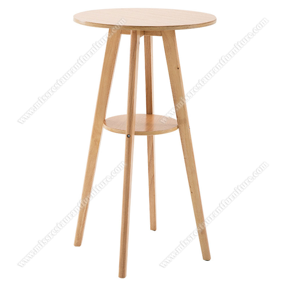 New design 2 layer wood round high bar tables with 4 wooden legs round pub high bar table furniture, solid wood restaurant high tables 6005