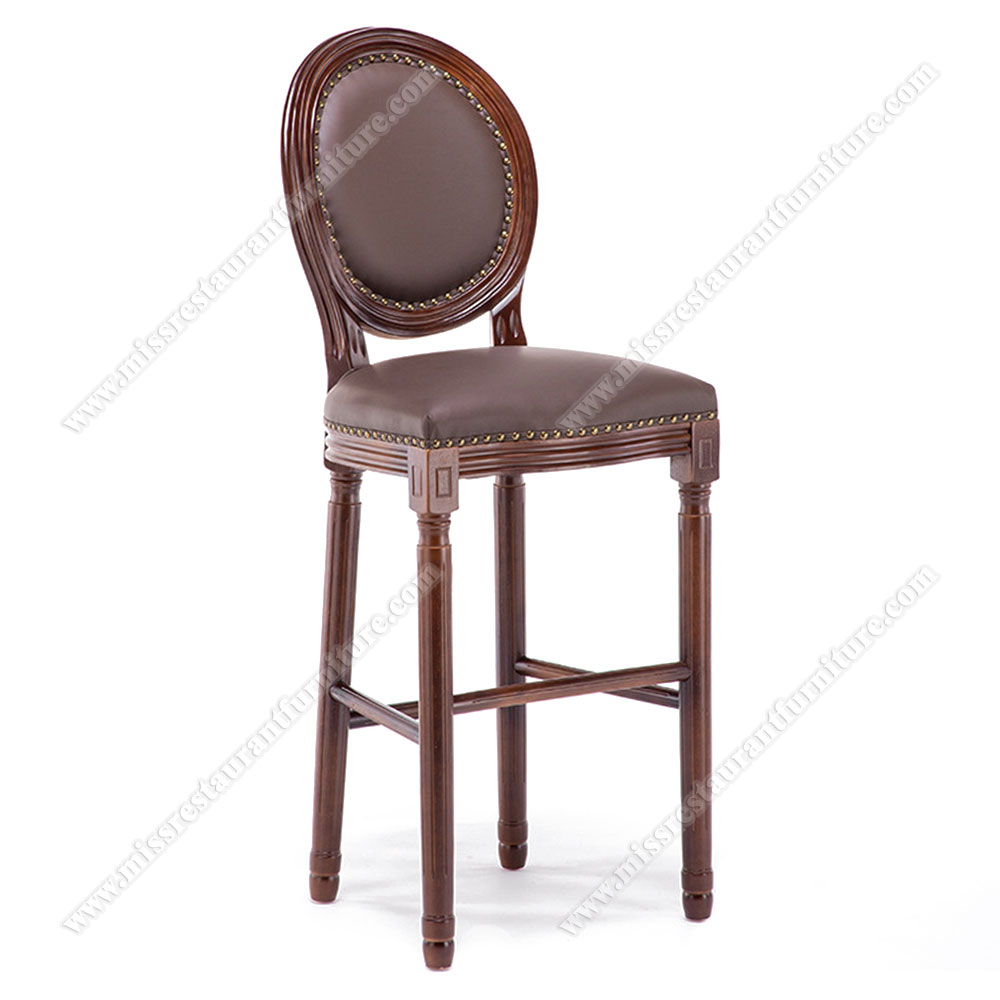 High quality french style solid wood high bar chair with round leather back with nails wood high pub bar chairs, solid wood restaurant bar stools 6312