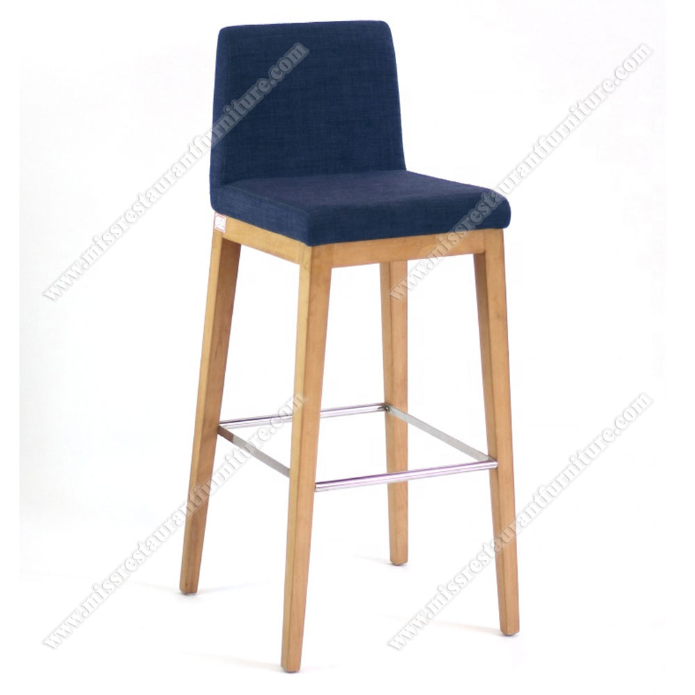 Current elegant modern iron ring design low back birch wooden leg blue fabric bar chairs for restaurant, solid wood restaurant bar stools 6315