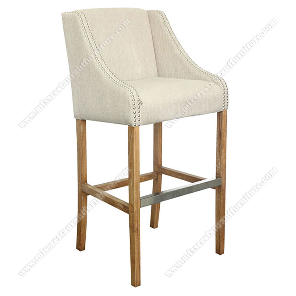 High quality customized restaurant furniture white color fabric upholstered backrest and seating wood high bar stools, solid wood restaurant bar stools 6320