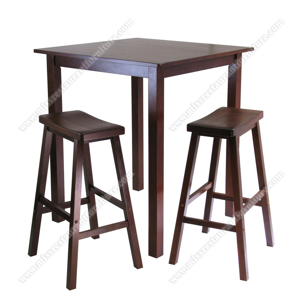 Retro design square solid wood dining high table and wood bar stools set dark color birch wood dining bar table and bar chairs set, square 4pcs wood bar table and barstools set 6609