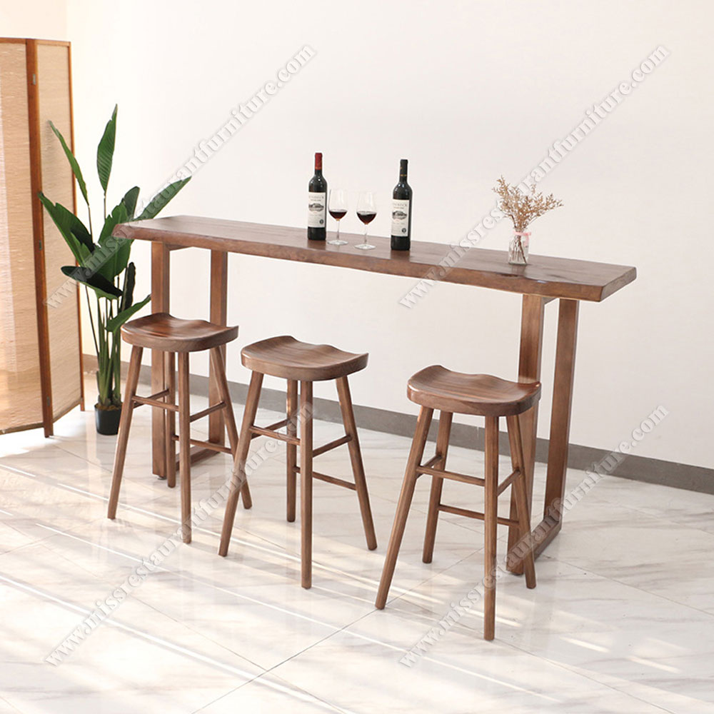 Hot sale new design long solid wood ash fast food high table and bar chairs furniture customzie natural color wood high bar table set, wood bar table and bar chairs set 6612