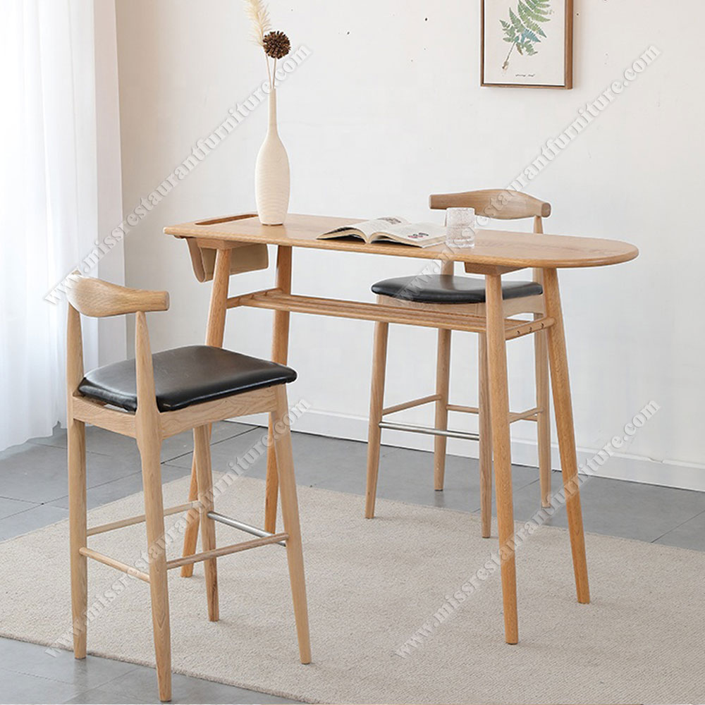 Factory price modern wood cafeteria bar table and high bar chairs set leather seat high bar chairs with high table set , modern wood table and bar chairs set 6617